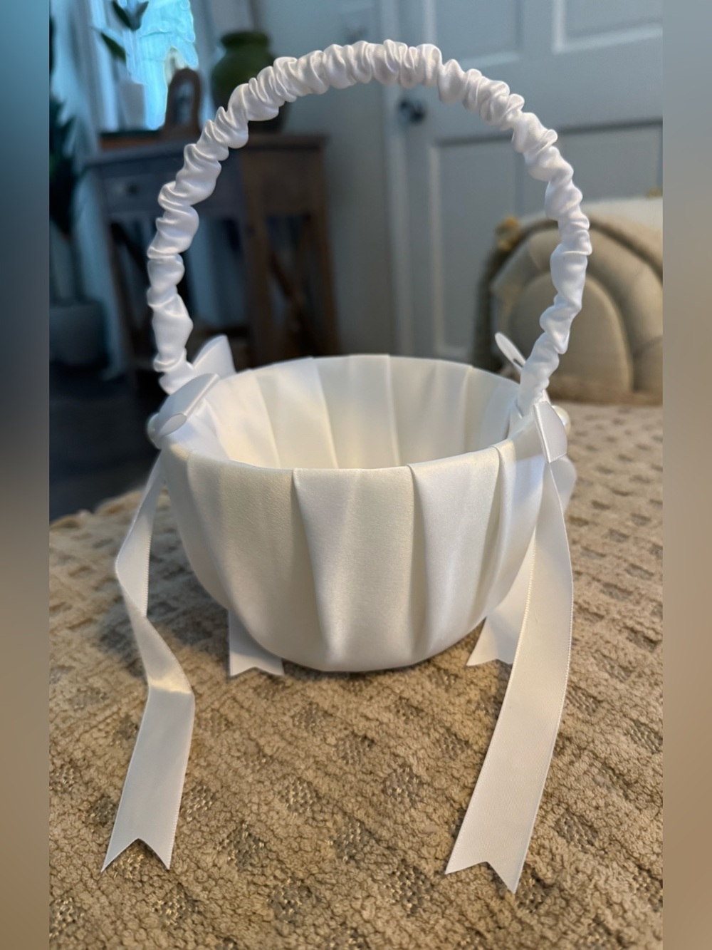 White Satin Flower Girl Basket with Ribbon Handles